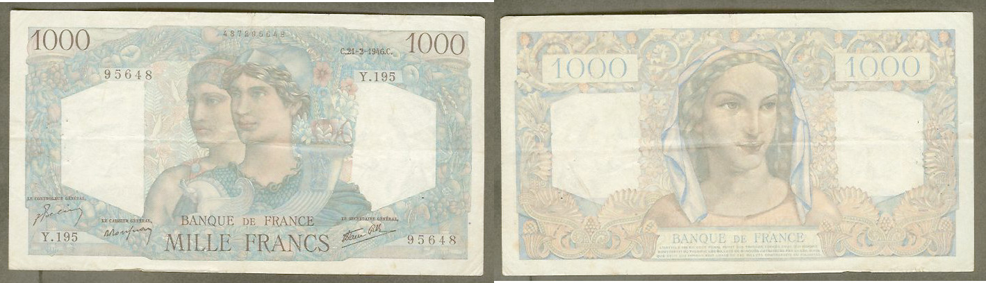 1000 francs Minerve 21.02.1946 VF+